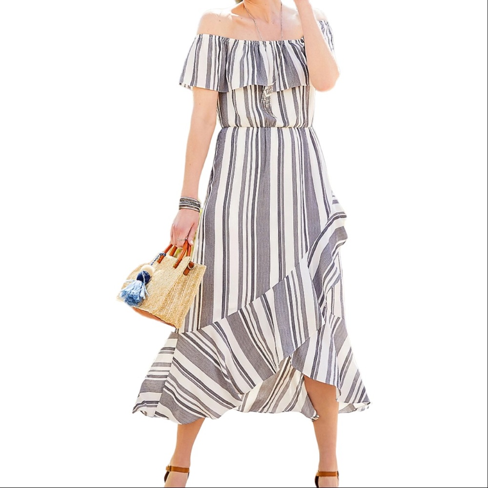 Maurices “Ruffled Stripe Off the Shoulder Maxi Dress” Black White Sun Dress 1X